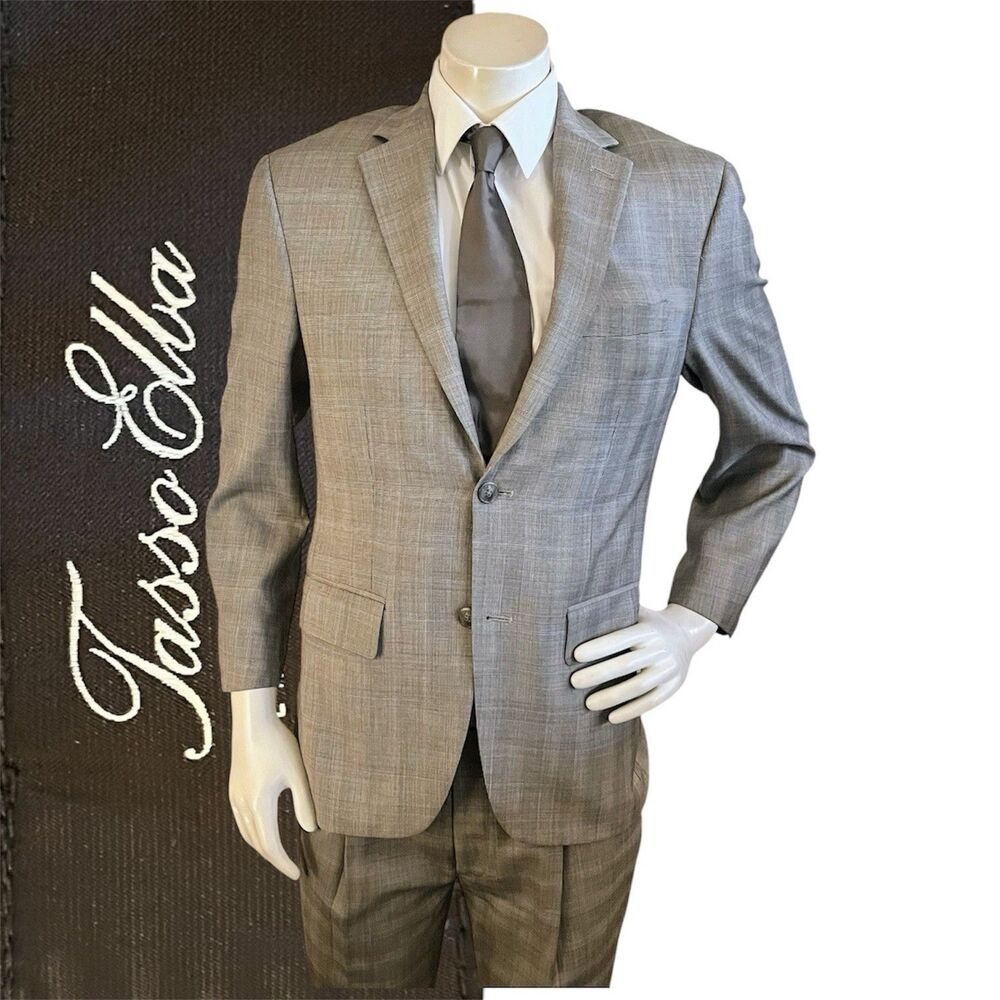 Tasso Elba Mens 2pc Suit 36S 33x26.5 Subtle Plaid Wool Slim Fit Recent Style